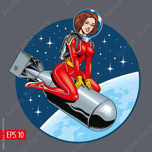 Pin up girl riding a nuclear bomb. Astronaut woman in space suit. Vintage sci-fi style vector illustration.