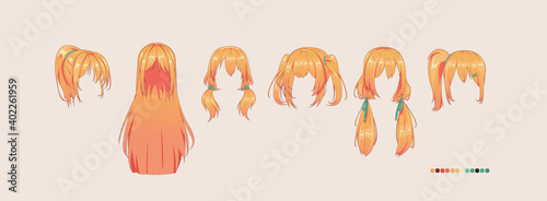 Anime manga hairstyles. Isolated redhead hair set.