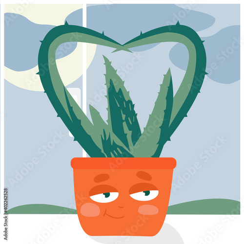 Aloe vera plant. aloe vera with a cute face. Funny houseplant concept. Aloe funny. aloe vera on the windowsill.