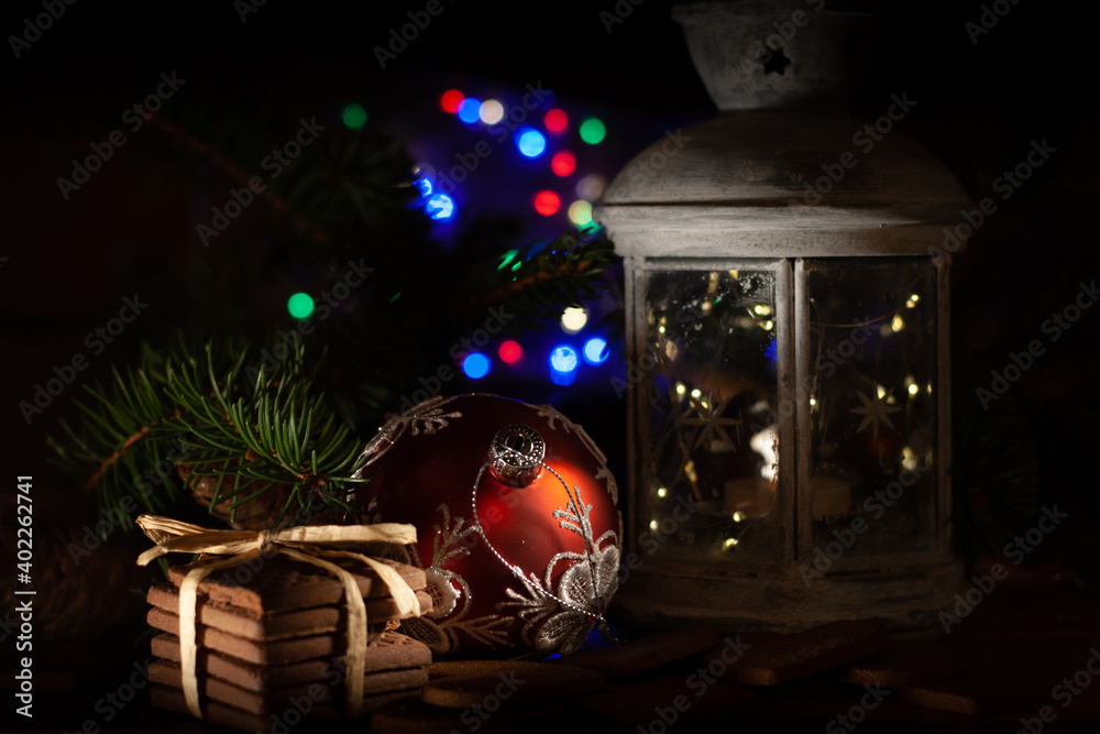 christmas decoration with biscuits, christmas ball and lantern