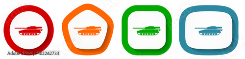 Tank, army, military, war vehicle vector icon set, flat design buttons on white background