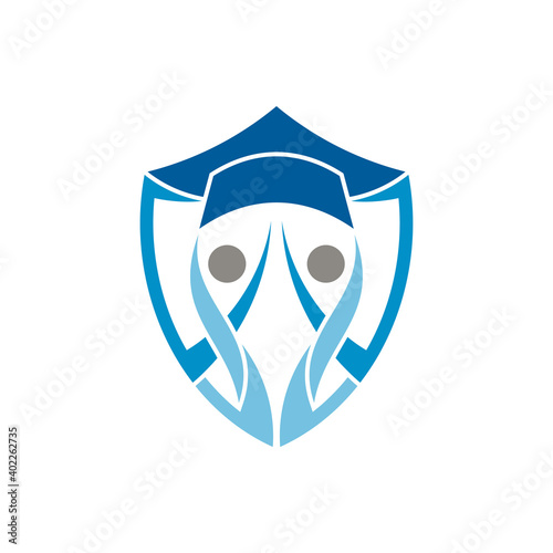 Shield education emblem badge logo. Shield with people and toga hat. School college university education flat logo template