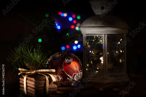 christmas decoration with biscuits, christmas ball and lantern