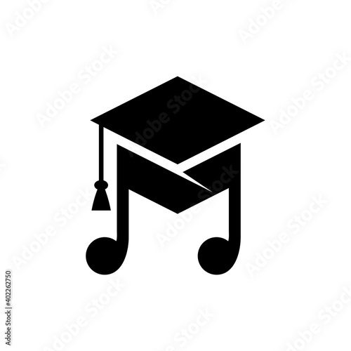 Music note and toga hat logo concept. Music school flat logo template in black color