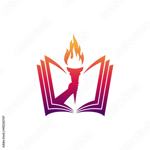Book and hand holding torch combination logo concept