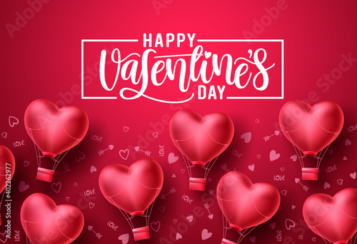 Happy valentines day heart balloons vector background design. Valentines day greeting text with flying heart air balloon elements in red pattern background. Vector Illustration.
