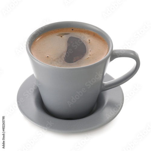 Cup with hot coffee on white background © Pixel-Shot