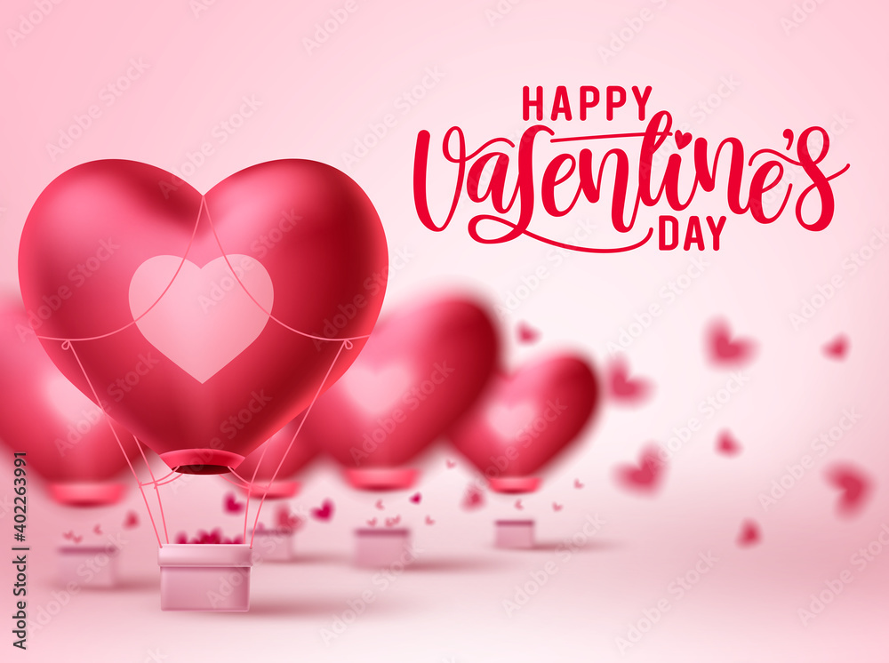 Valentines day heart balloon vector design. Happy valentines day greeting text with heart air balloon elements in blurred background. Vector Illustration.
