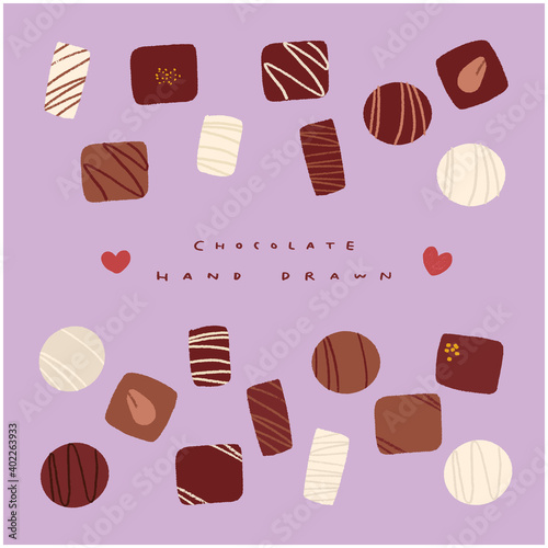 手描き　ボンボンショコラ・チョコレート・バレンタイン　俯瞰　イラスト　セット／大人かわいい　ゆるい　素材