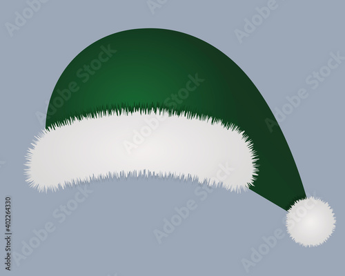 Santa Claus hat. The headdress is green with fur. Colored vector illustration. Isolated beige background. Fairy characters cap with a round pompom. Part of Santas costume. Happy new year.