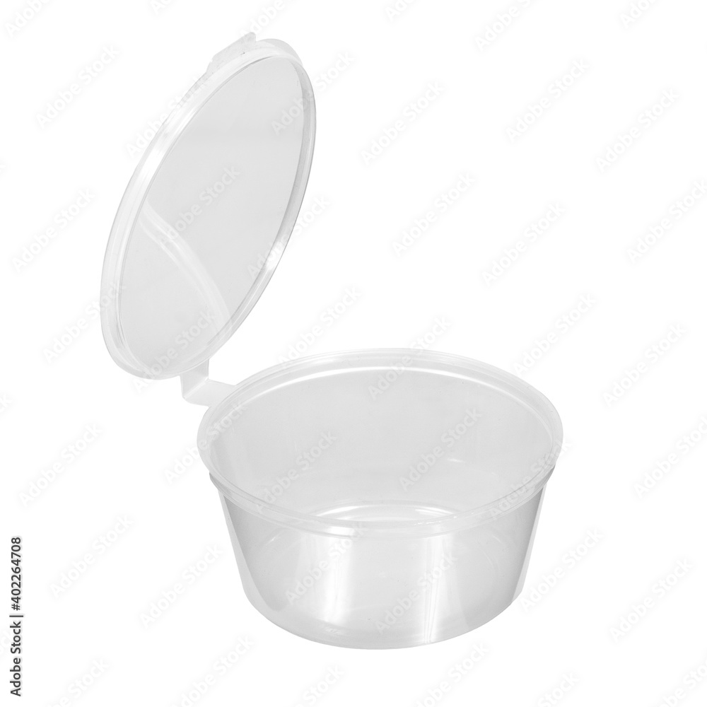 Small clear plastic jar with lid for condiments and sauces in restaurants, cafes and eateries. Isolated on white background
