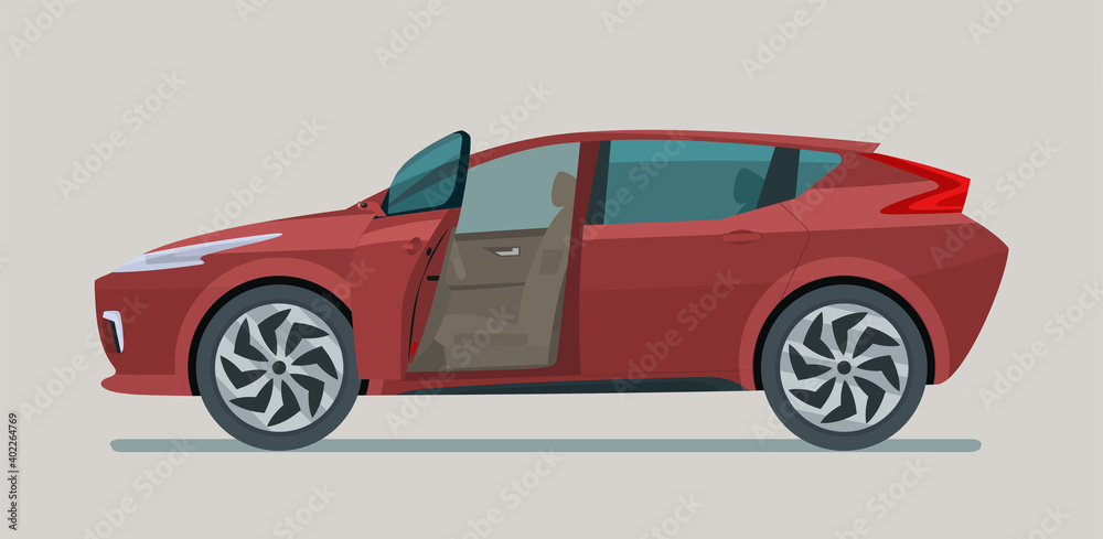 Modern electric CUV with an open driver's door isolated, side and front view. Vector flat style illustration.