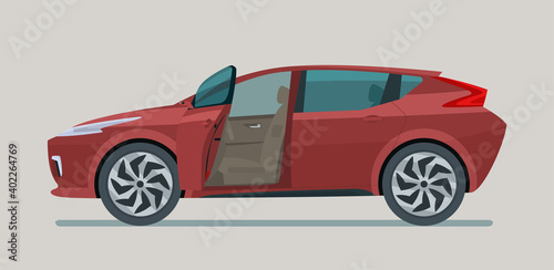 Modern electric CUV with an open driver's door isolated, side and front view. Vector flat style illustration.