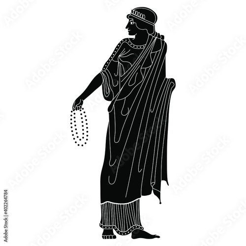 Standing ancient Greek woman holding rosary or necklace. Black and white silhouette.