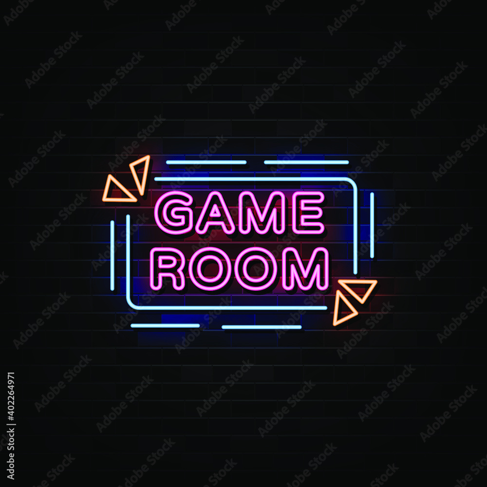 Game room neon signs vector. Design template neon style
