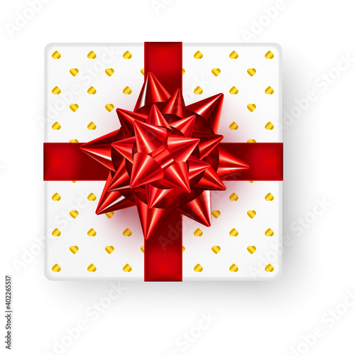 White square gift box with big shiny red bow ribbon and glossy small golden hearts design, top view isolated on white background. Realistic vector illustration of Valentine or birthday gift mockup