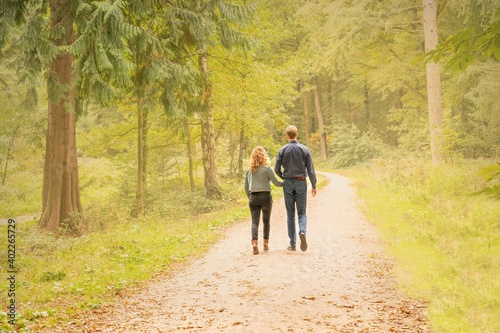 Beautiful young man and woman walking hand in hand, in the autumn forest. They walk on a sandy path, seen from behind