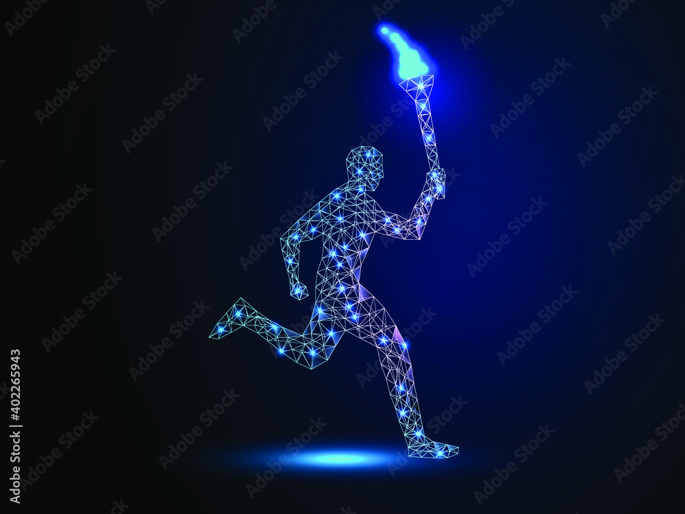 Fototapeta premium concept of technology revolution abstract wireframe man running with torch in the hand. Vector illustration