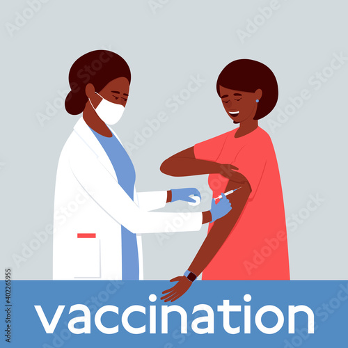 Vaccination of the African American population. A nurse vaccinates a woman. The introduction of a vaccine to strengthen the body's immune system against the infectious agent. Flat vector illustration.