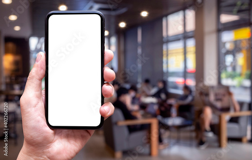 blank of mobile phone screen at coffe shop background