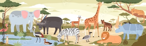 Natural landscape with savannah animals, reptiles and birds. Panoramic scenery with wild habitant. Exotic savanna inhabitants in african national park. Vector illustration in flat cartoon style