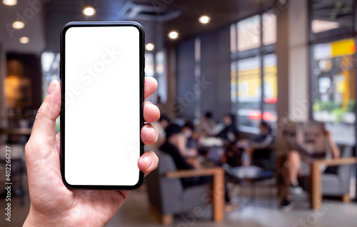 blank of mobile phone screen at coffe shop background