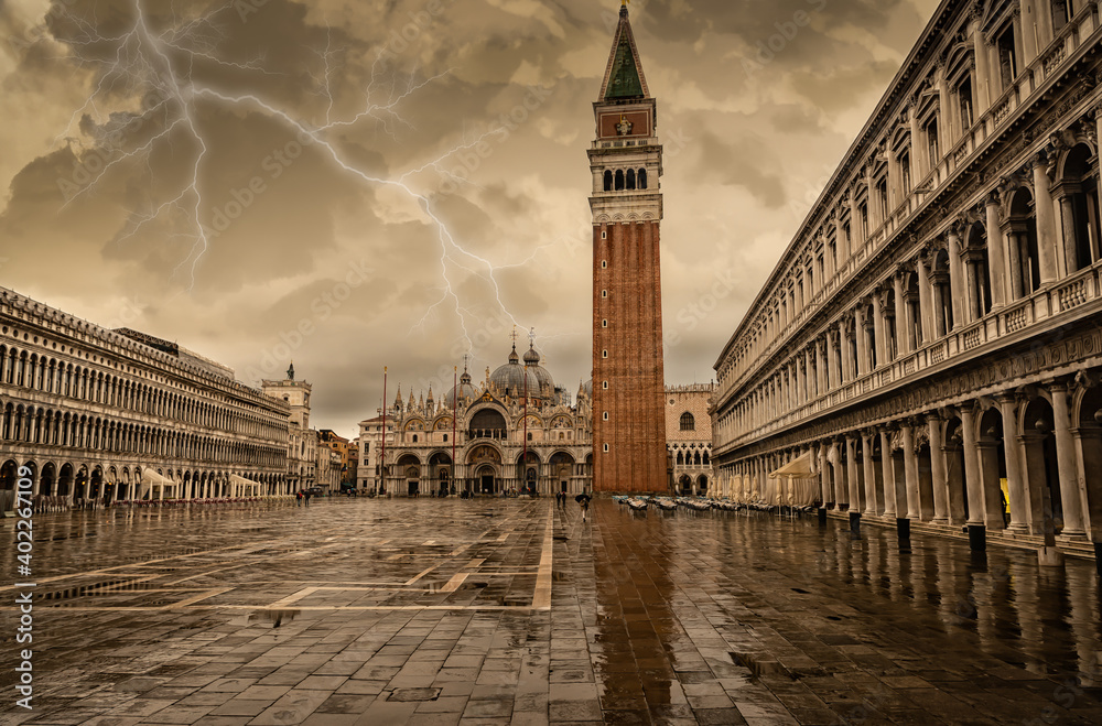 Stormy and rainy day over St. Mark's Square, Venice. Italy.