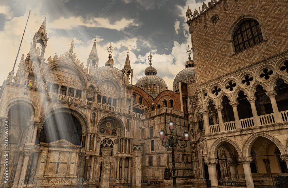 Sunbeams over the basilica of St. Marcos.Venice.Italy.