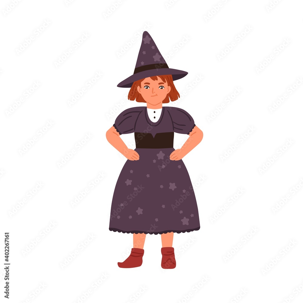 Funny little girl in witch costume vector flat illustration. Cute child wizard or sorcerer wearing dress and hat isolated on white. Amusing kid in mage apparel for carnival, halloween or theme party