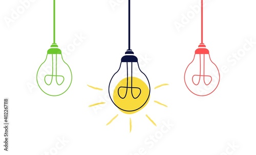 The concept of a bright idea. Hanging light bulbs on a white background. Creative idea or leadership concept. Flat style vector illustration.