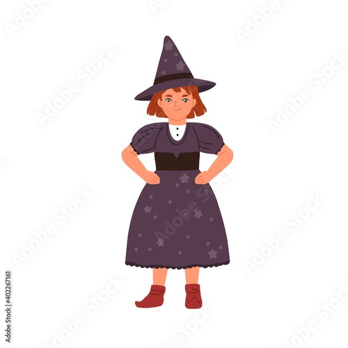 Funny little girl in witch costume vector flat illustration. Cute child wizar...