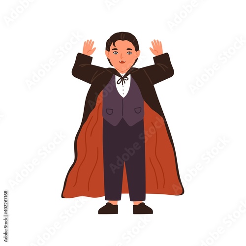 Funny boy in scary vampire costume vector flat illustration. Cute male child ...