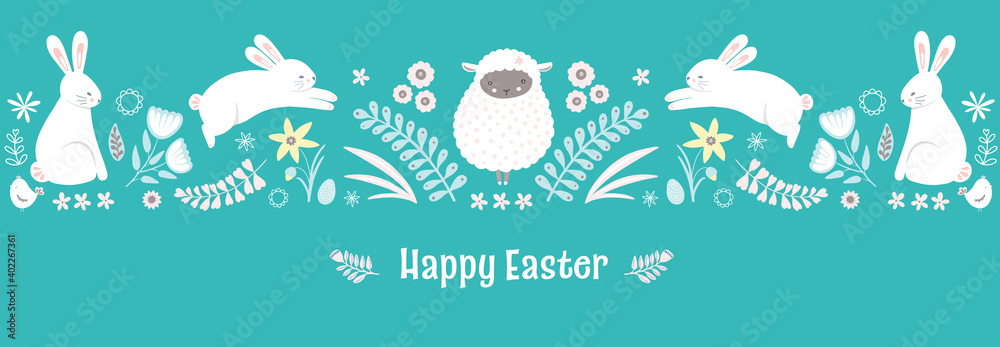 Obraz premium Easter pattern. Cute Springtime holiday border design of bunnies and flowers. Vector banner illustration.