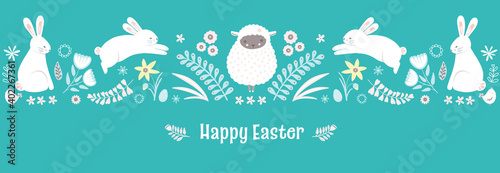 Easter pattern. Cute Springtime holiday border design of bunnies and flowers. Vector banner illustration.