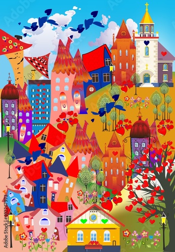   composition with fairy-tale colorful houses, trees and flowers