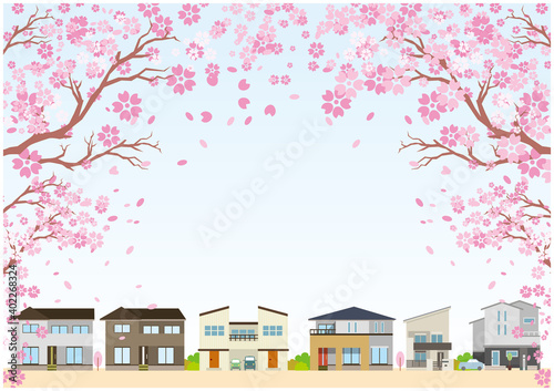 桜　花びら　空　春　住宅