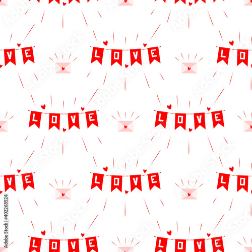 Seamless pattern for Valentine's Day with red flags and inscriptions love, pink envelopes