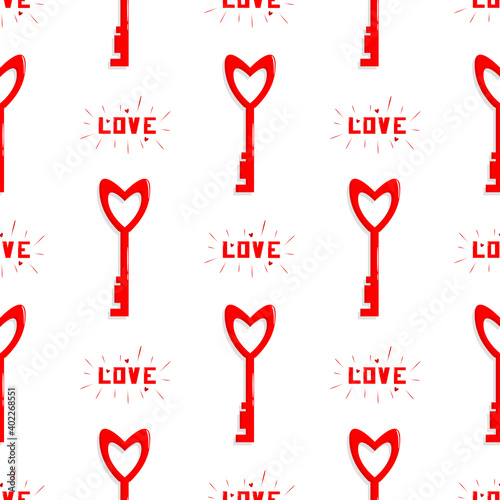 Seamless pattern for Valentine's day with a small key in the shape of a heart and the words