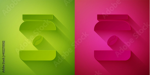 Paper cut Coffee jar bottle icon isolated on green and pink background. Paper art style. Vector Illustration.