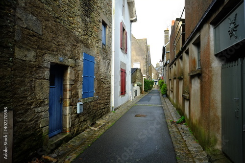 In the street of the city of Guerande  a place where is produced salt . West of France  december 2020