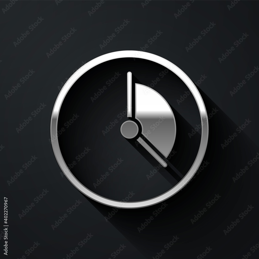 Silver Time Management icon isolated on black background. Clock sign. Productivity symbol. Long shadow style. Vector Illustration. Silver Time Management icon isolated on black background. Clock sign. Productivity symbol. Long shadow style. Vector Illustration.