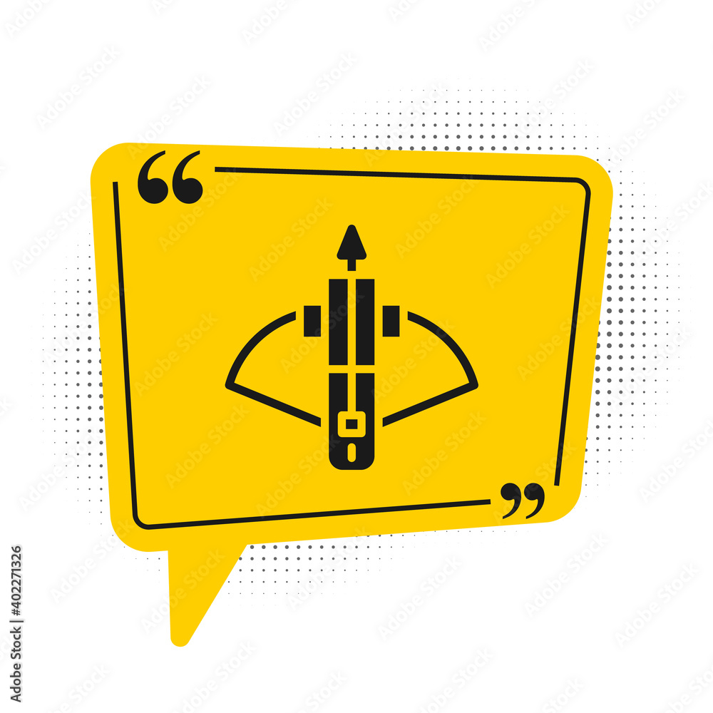 Black Battle crossbow with arrow icon isolated on white background. Yellow speech bubble symbol. Vector.