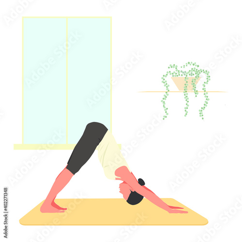 activity, asana, beautiful, beauty, body, care, cartoon, character, cute, dog, dog face down, down, downward, exercise, female, fit, fitness, flat, flexible, girl, happy, head, health, healthy, illust