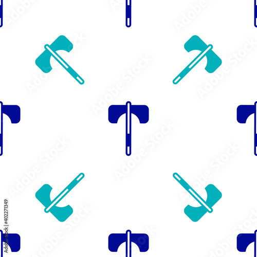 Blue Medieval axe icon isolated seamless pattern on white background. Battle axe, executioner axe. Medieval weapon. Vector.