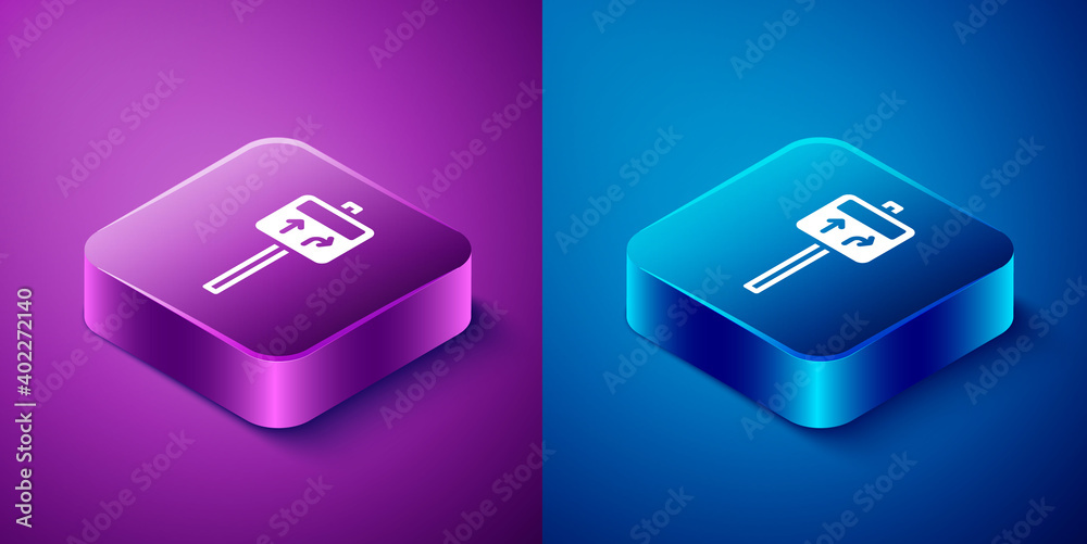 Isometric Road traffic sign. Signpost icon isolated on blue and purple background. Pointer symbol. Street information sign. Direction sign. Square button. Vector. Isometric Road traffic sign. Signpost icon isolated on blue and purple background. Pointer symbol. Street information sign. Direction sign. Square button. Vector.
