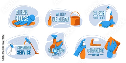 Cleaning company logo set. House clean emblems, hand in glove with equipment. Domestic cleaning service badges cartoon vector illustration