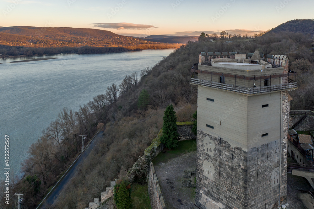 Hungary - The historical Visegrad Castle near Danube river from drone view at sunrise