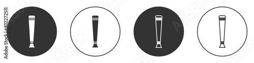 Black Police rubber baton icon isolated on white background. Rubber truncheon. Police Bat. Police equipment. Circle button. Vector.