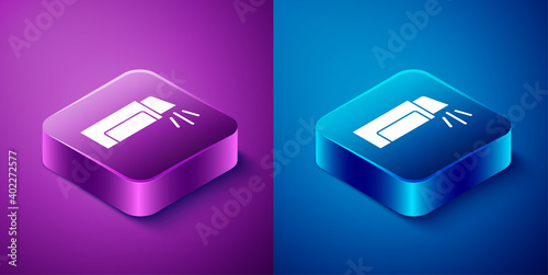 Isometric Pepper spray icon isolated on blue and purple background. OC gas. Capsicum self defense aerosol. Square button. Vector.