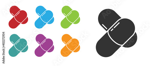 Black Sports nutrition bodybuilding proteine power drink and food icon isolated on white background. Set icons colorful. Vector.